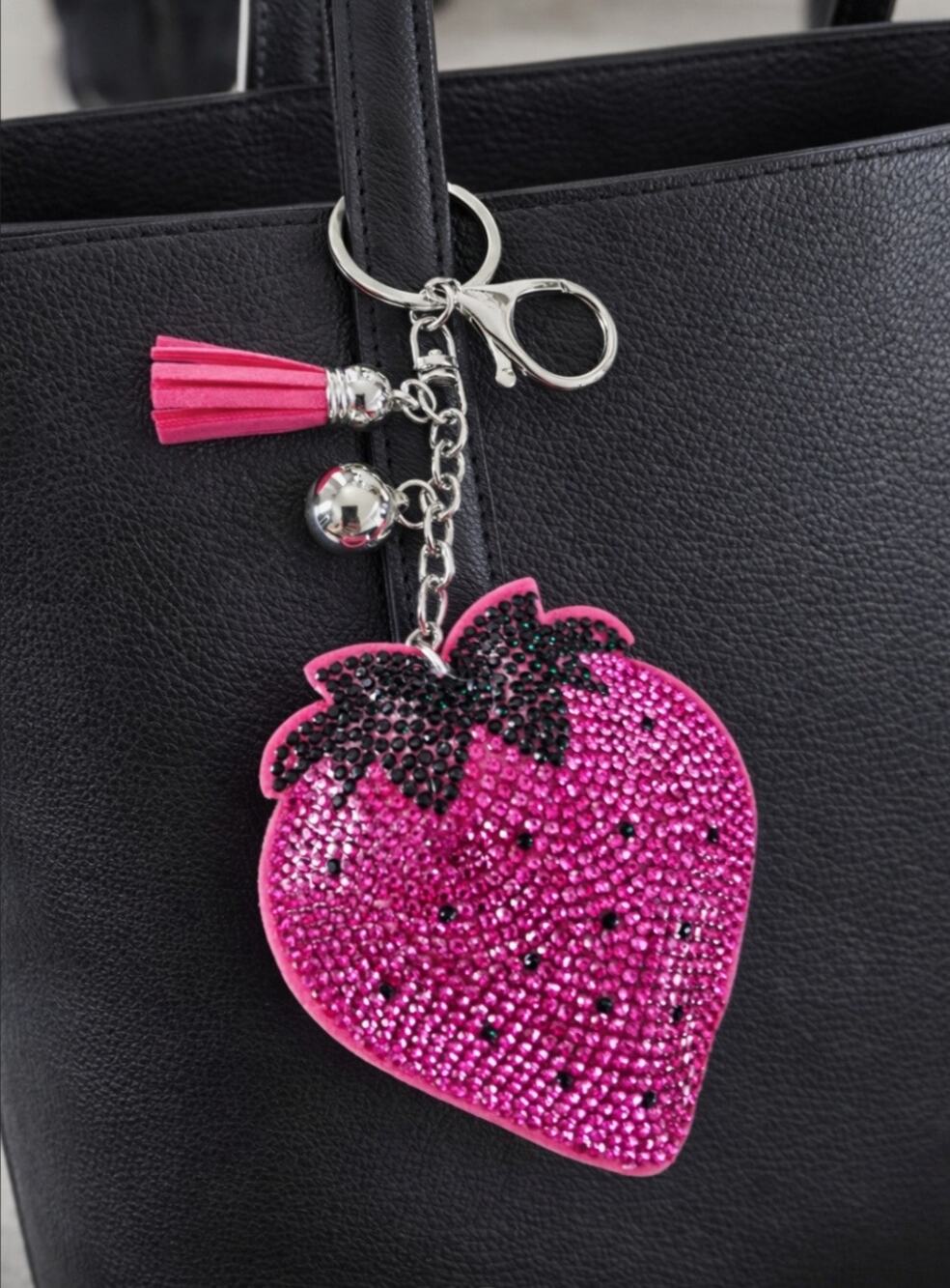 Pink Starwberry Rhinestone Bag Charm Key Chain New
